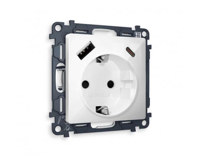 Комплект механизма электрической розетки AMBRELLA VOLT ALFA Белый глянец 2USB A+C 20W (быстрая зарядка) с/з QUANT (AP1100, VM160) MA110010