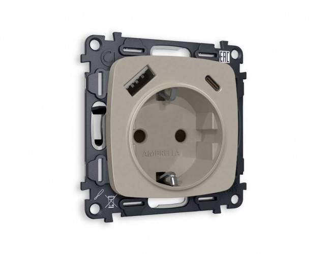 Комплект механизма электрической розетки AMBRELLA VOLT OMEGA Серо-бежевый матовый 2USB A+C 20W (быстрая зарядка) с/з QUANT (OP3700, VM160) MO370010