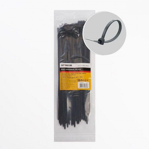 Хомут нейлоновый Stekker NYCT36-250 3,6x250 мм, d пучка max 65 мм, нагрузка 18 кг, черный 32780