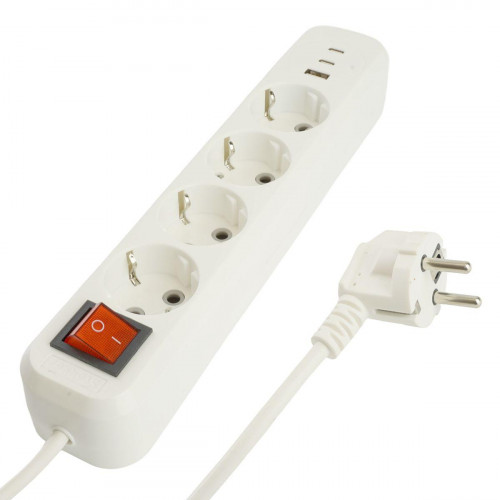 Удлинитель 4-местный с/з с выключ. Stekker HM071-41-02 3x1мм2, 2м, 250В, 16А, 1USB+2C, 2.4A Home, белый 50139