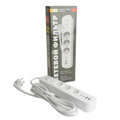 Сетевой фильтр 3-местный с/з Stekker 3x1мм2, 1,8 м, 250В, 16А, 2 USB-A+2 Type-C, серия Nova, белый 50099