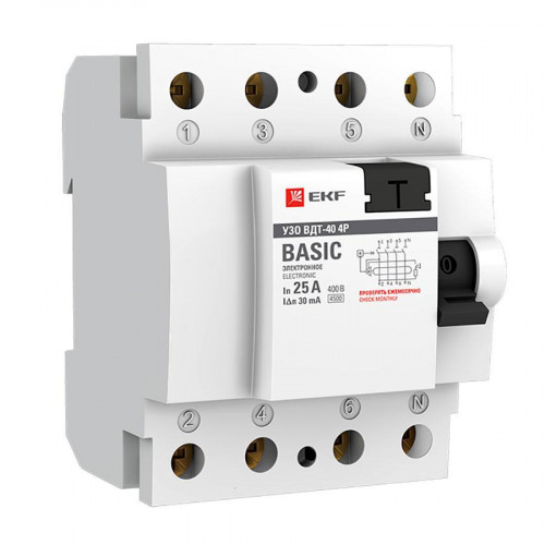 Устройство защитного отключения УЗО 4P 25А/30мА (электронное) EKF Basic elcb-4-25-30e-sim
