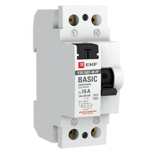 Устройство защитного отключения УЗО ВДТ-40 2P 16А/ 10мА (электронное) EKF Basic elcb-2-16-10e-sim