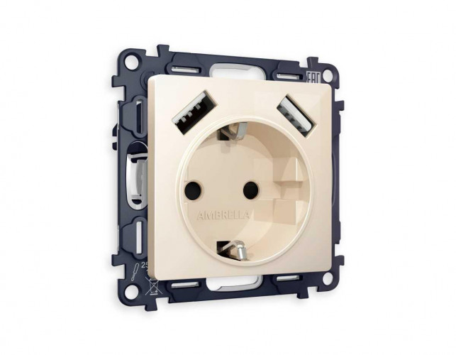 Комплект механизма электрической розетки AMBRELLA VOLT ALFA Бежевый глянец 2USB A+A 18W (быстрая зарядка) с/з QUANT (AP3090, VM155) MA309010