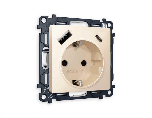 Комплект механизма электрической розетки AMBRELLA VOLT ALFA Бежевый глянец 2USB A+C 20W (быстрая зарядка) с/з QUANT (AP3100, VM160) MA310010