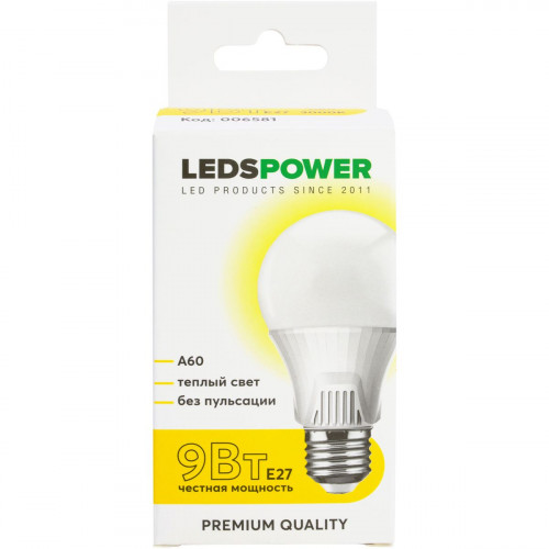 Светодиодная лампа LEDS POWER A60 E27 9Вт 3000К 006581