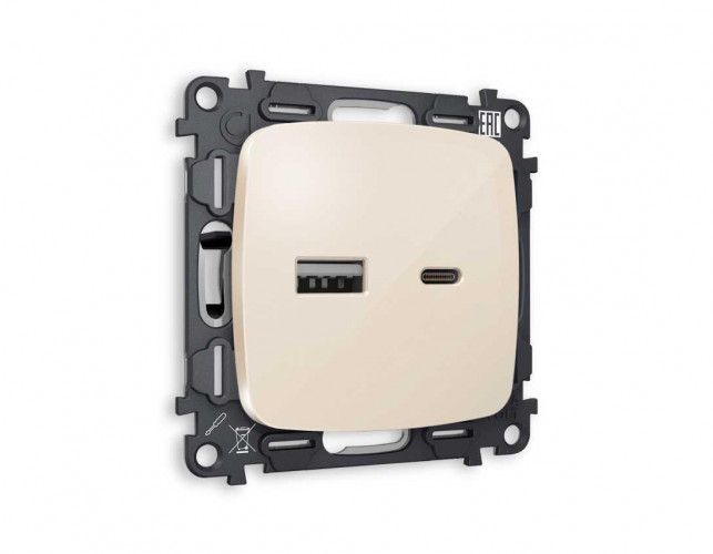 Комплект механизма розетки AMBRELLA VOLT OMEGA Бежевый глянец 2USB A+C 20W (быстрая зарядка) QUANT (OP3100, VM177) MO311010