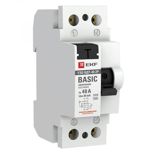 Устройство защитного отключения УЗО ВДТ-40 2P 40А/ 30мА (электронное) EKF Basic elcb-2-40-30e-sim