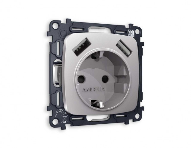 Комплект механизма электрической розетки AMBRELLA VOLT OMEGA Сталь матовый 2USB A+A 18W (быстрая зарядка) с/з QUANT (OP5090, VM155) MO509010