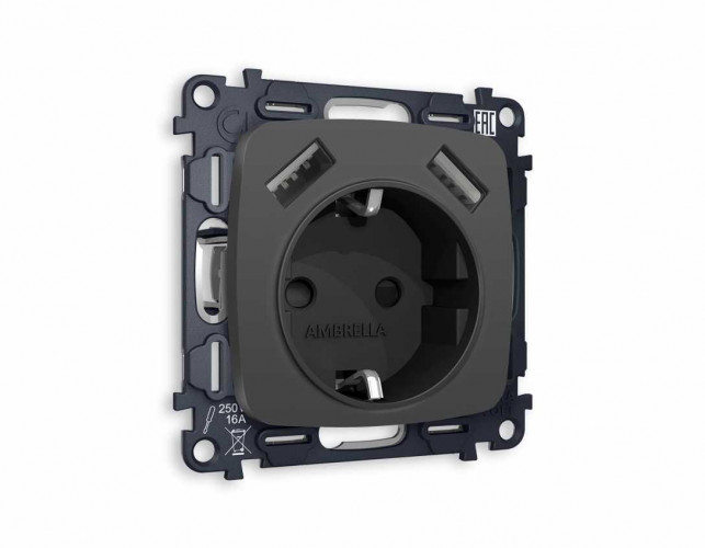 Комплект механизма электрической розетки AMBRELLA VOLT OMEGA Графит мягкое касание 2USB A+A 18W (быстрая зарядка) с/з QUANT (OP9090, VM155) MO909010