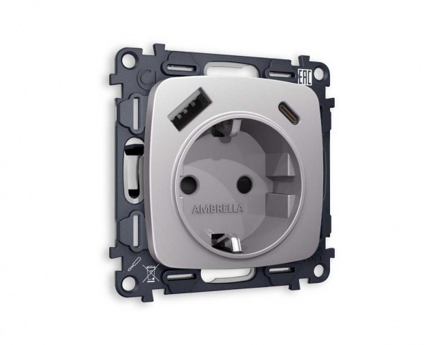 Комплект механизма электрической розетки AMBRELLA VOLT OMEGA Сталь матовый 2USB A+C 20W (быстрая зарядка) с/з QUANT (OP5100, VM160) MO510010