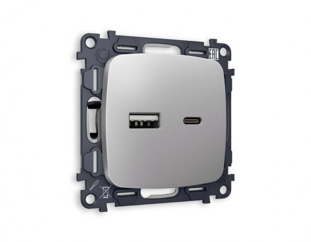 Комплект механизма розетки AMBRELLA VOLT OMEGA Сталь матовый 2USB A+C 20W 3000mA (быстрая зарядка) QUANT (OP5110, VM177) MO511010