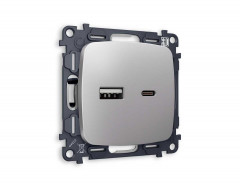 Комплект механизма розетки AMBRELLA VOLT OMEGA Сталь матовый 2USB A+C 20W 3000mA (быстрая зарядка) QUANT (OP5110, VM177) MO511010