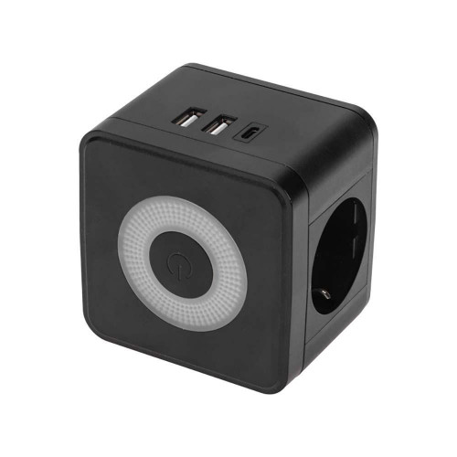 Двойник электрический Куб 16А с/з + 2хUSB-A 2,4А + USB Type-C 3А с ночной подсветкой, черный REXANT 11-1252