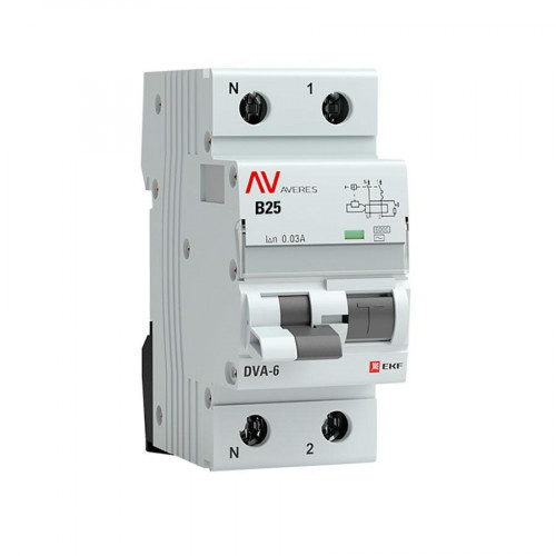 Дифференциальный автомат DVA-6 1P+N 25А (B) 30мА (AC) 6кА EKF AVERES rcbo6-1pn-25B-30-ac-av