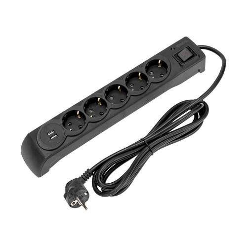 Фильтр сетевой 5 гнезд, 3м, 3х1,5мм², с автовыкл, 2 USB, черный KRANZ 13-4702