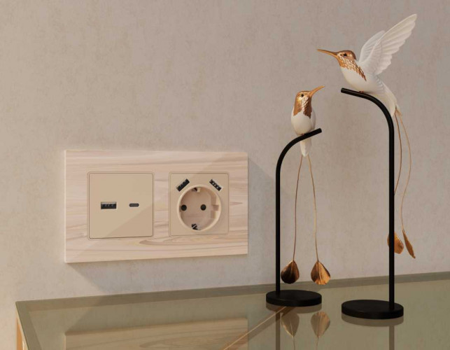 Комплект механизма электрической розетки AMBRELLA VOLT ALFA Бежевый глянец 2USB A+A 18W (быстрая зарядка) с/з QUANT (AP3090, VM155) MA309010