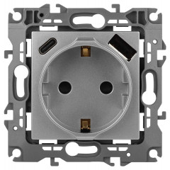 Розетка ЭРА Серия 12 12-4108-03 2P+E 16A-250В со шторками с USB type-A+C 5В-3А алюминий Б0067716