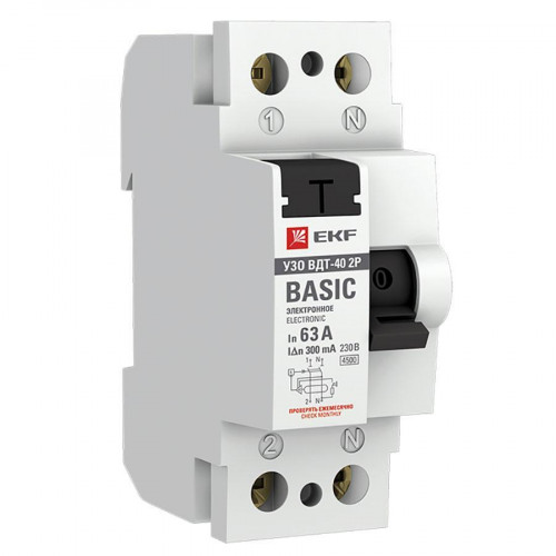 Устройство защитного отключения УЗО ВДТ-40 2P 63А/300мА (электронное) EKF Basic elcb-2-63-300e-sim