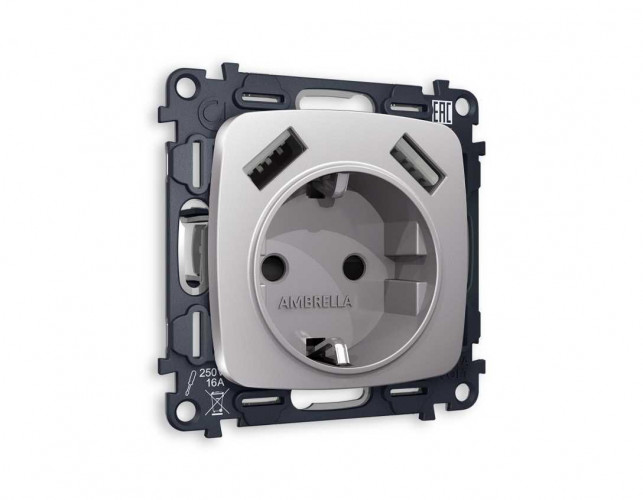 Комплект механизма электрической розетки AMBRELLA VOLT OMEGA Сталь матовый 2USB A+A 18W (быстрая зарядка) с/з QUANT (OP5090, VM155) MO509010