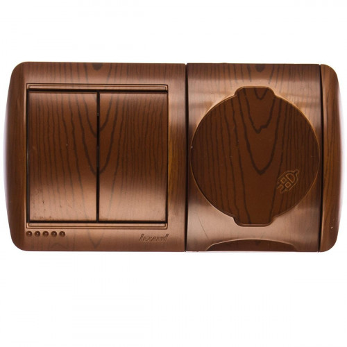 Выключатель двойной и розетка с крышкой Lezard Nata сосна горизонталь 710-0800-171