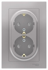 Розетка двойная 2К+З Systeme Electric AtlasDesign 16A 250V со шторками алюминий ATN000326