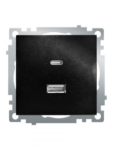 Розетка 2-местная USB + type C (механизм), STEKKER GLS10-7116-05, 250B, 3А, серия Катрин, черный 50055
