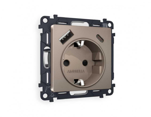 Комплект механизма электрической розетки AMBRELLA VOLT ALFA Темная бронза матовый 2USB A+C 20W (быстрая зарядка) с/з QUANT (AP6400, VM160) MA640010