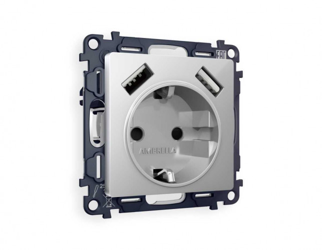 Комплект механизма электрической розетки AMBRELLA VOLT ALFA Серебро глянец 2USB A+A 18W (быстрая зарядка) с/з QUANT (AP4090, VM155) MA409010