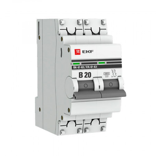 Автоматический выключатель 2P 20А (B) 6кА ВА 47-63 EKF PROxima mcb4763-6-2-20B-pro
