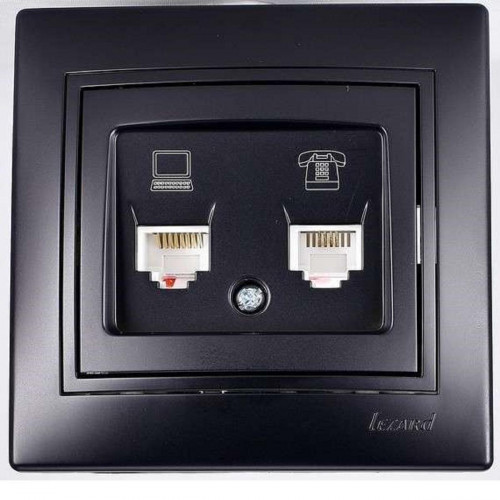 Розетка 2-ая комп. + тел. Lezard Mira черная 701-4242-143
