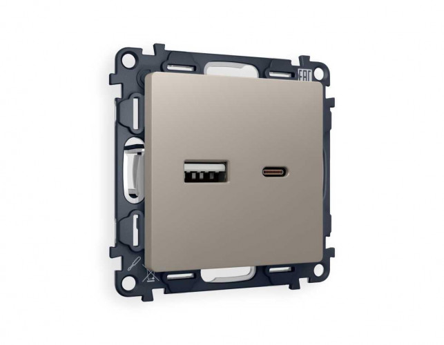Комплект механизма розетки AMBRELLA VOLT ALFA Серо-бежевый матовый 2USB A+C 20W (быстрая зарядка) QUANT (AP3710, VM177) MA371010