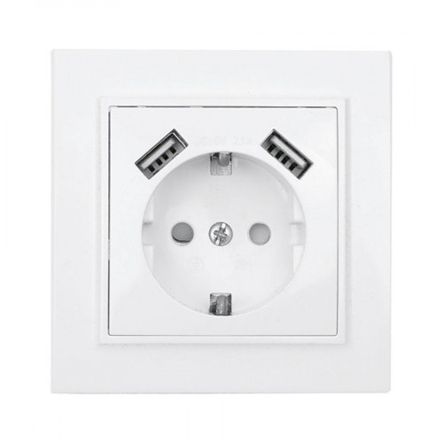 Минск Розетка 1-местная СП с/з 16А белая с защ. штор. с 2 USB 2,1А EKF ERR16-028-100-2USB