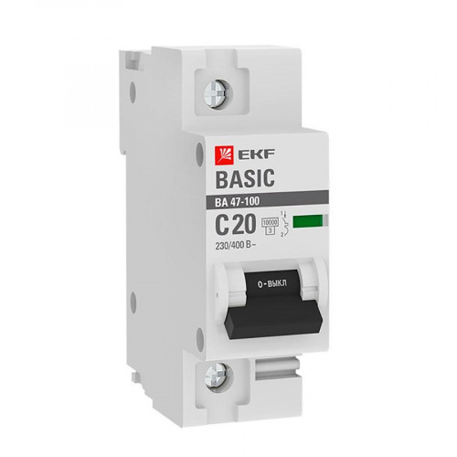 Автоматический выключатель 1P 20А (C) 10kA ВА 47-100 EKF Basic mcb47100-1-20C-bas