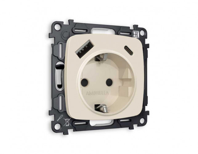 Комплект механизма электрической розетки AMBRELLA VOLT OMEGA Бежевый матовый 2USB A+C 20W (быстрая зарядка) с/з QUANT (OP3300, VM160) MO330010