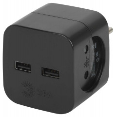 Разветвитель электрический ЭРА SP-2-USB-B на 2 розетки + 2xUSB 2400mA без заземления 10А черный Б0049535