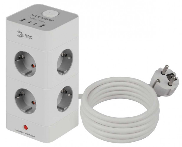 Сетевой фильтр ЭРА TWR-8es-1,5m-4USB-W башня с защитой заземлением с выключателем 8 розеток+4xUSBA+C 1,5м 16А белый Б0069071