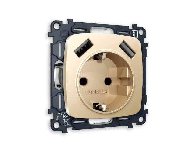 Комплект механизма электрической розетки AMBRELLA VOLT OMEGA Шампань 2USB A+A 18W (быстрая зарядка) с/з QUANT (OP6060, VM155) MO609010