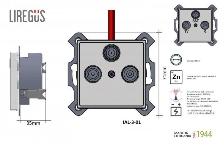 ТВ-розетка оконечная TV/R/SAT Liregus Epsilon серебро 28-1825