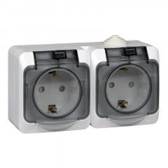 Розетка двойная 2К+З Systeme Electric Этюд 16A 250V с крышкой шторками белая PA16-244B