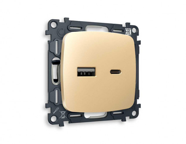 Комплект механизма розетки AMBRELLA VOLT OMEGA Шампань 2USB A+C 20W (быстрая зарядка) QUANT (OP6110, VM177) MO611010