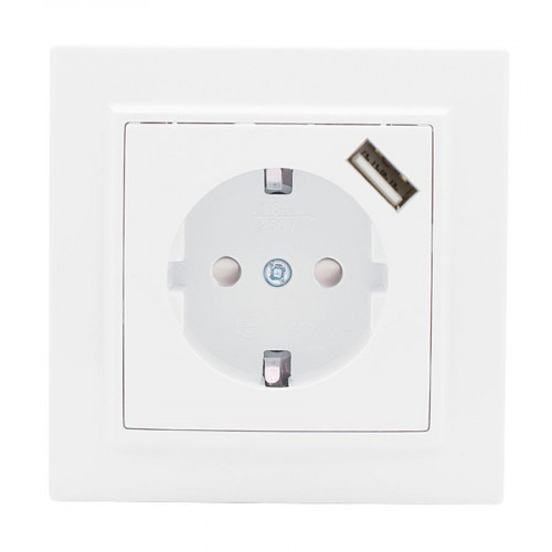 Розетка 1-местная СП с/з Минск 16А белая с защ. штор. с USB 1А EKF ERR16-028-100-USB