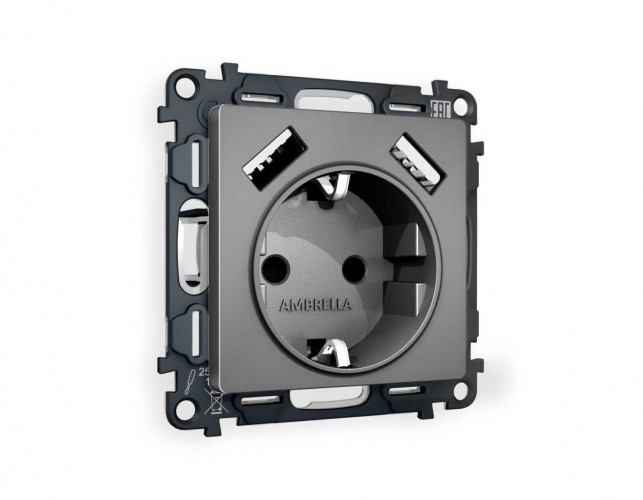 Комплект механизма электрической розетки AMBRELLA VOLT ALFA Антрацит серый 2USB A+A 18W (быстрая зарядка) с/з QUANT (AP6590, VM155) MA659010