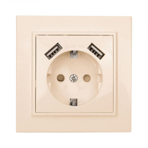 Минск Розетка 1-местная СП с/з 16А бежевая с защ. штор. с 2 USB 2,1А EKF ERR16-028-200-2USB