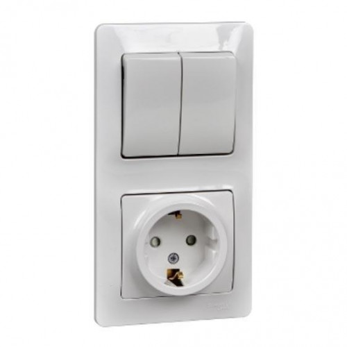 Блок розетка 2К+З -выключатель двухклавишный Systeme Electric Glossa со шторками белый GSL000174