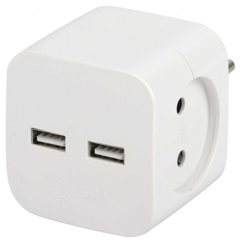 Разветвитель электрический ЭРА SP-2-USB-W на 2 розетки + 2xUSB 2400mA без заземления 10А белый Б0049531