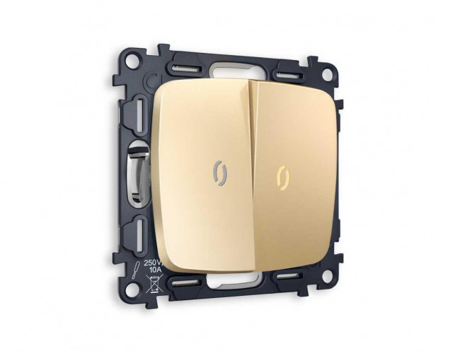 Комплект механизма 2-кл проходного выключателя AMBRELLA VOLT с подсветкой 3200K OMEGA Шампань QUANT (OP6040, VM120, G22Y) MO604030