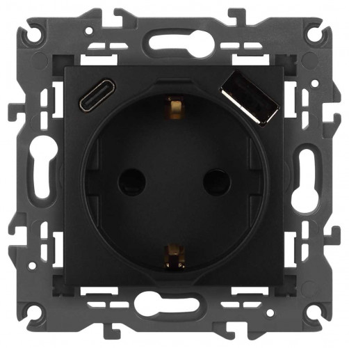 Розетка ЭРА Elegance 14-4108-05 2P+E 16A-250В со шторками с USB type-A+C 5В-3А антрацит Б0067724
