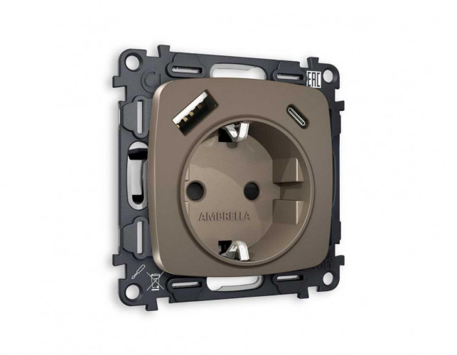 Комплект механизма электрической розетки AMBRELLA VOLT OMEGA Темная бронза матовый 2USB A+C 20W (быстрая зарядка) с/з QUANT (OP6400, VM160) MO640010