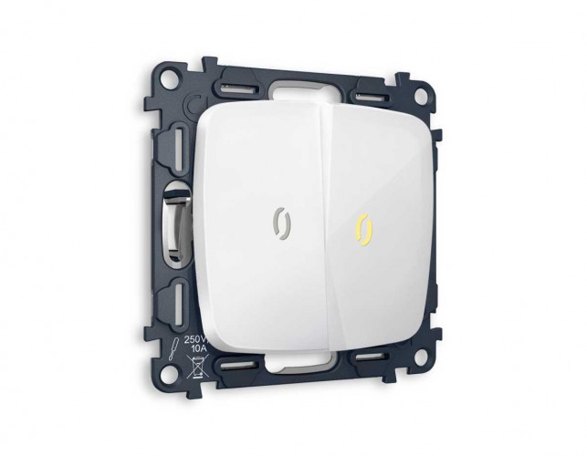 Комплект механизма 2-клавишного выключателя с подсветкой 3200K OMEGA Белый глянец 10A-250V QUANT (OP1040, VM115, G11Y) MО104010